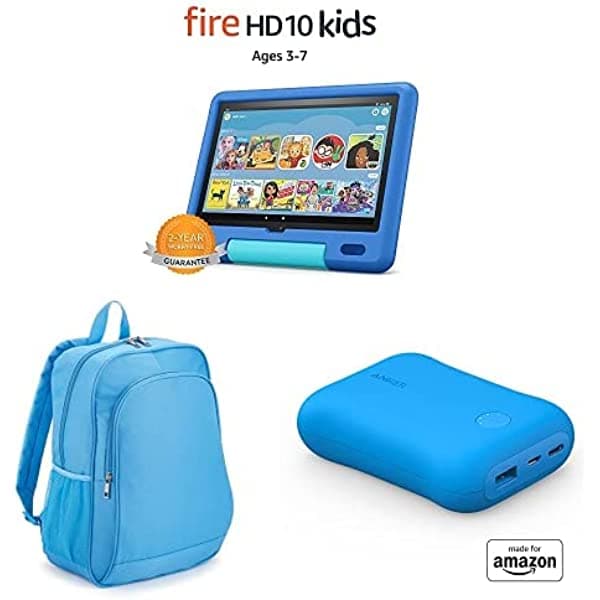 Amazon Fire HD 10 Kids Tablet, 10.1" HD (32GB, Sky Blue) with Backpack + Portable Charger