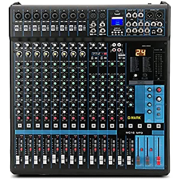 G-MARK Audio Mixer Bluetooth Consola de Mezcla Profesional con Interfaz USB, Sistema de Panel de Sonido de 16 Canales, Entrada Digital MP3 para Computadora, Alimentación Fantasma de 48V, DJ Estéreo y Efectos SPX de 24 Bits MG16MP3
