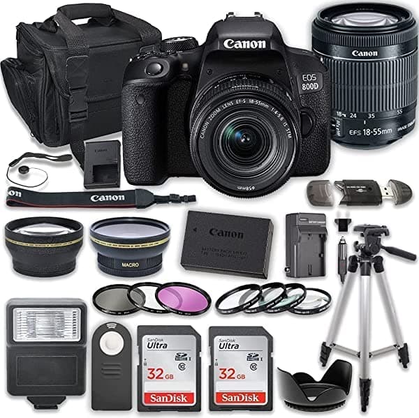 Canon EOS 800D (Rebel T7i) - Paquete de cámara réflex digital con lente STM de 0.709-2.165 in + 2 tarjetas de memoria Sandisk de 32 GB + kit de accesorios Canon 800d