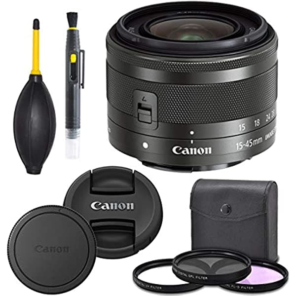 Canon EF-M 15-45mm f/3.5-6.3 IS STM lente (grafito) (0572C002) + AOM Pro Kit Combo Bundle - Versión internacional CN1545JK