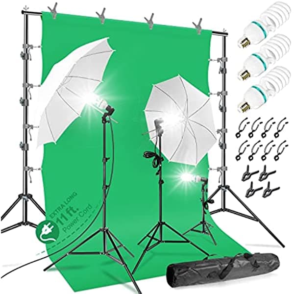 LimoStudio - Sistema de soporte de fondo de pantalla verde Chromakey con fondo de muselina verde de 10 pies x 20 pies, color verde, 660 W, kit de iluminación para paraguas, AGG408