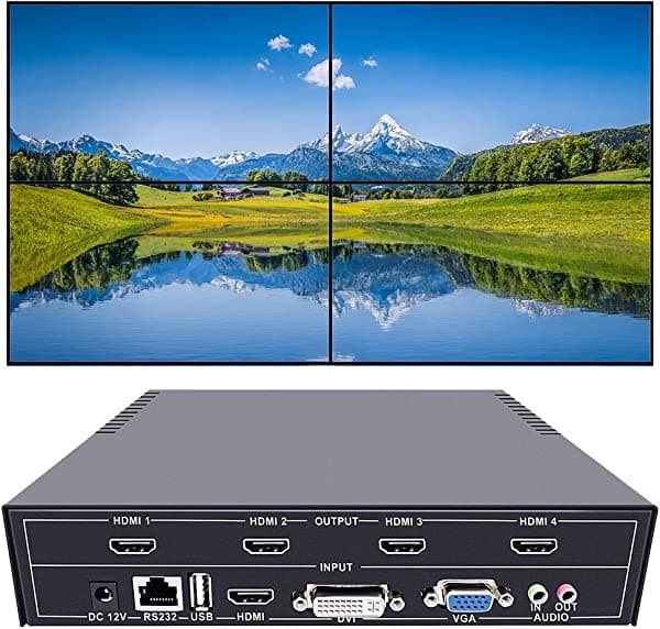 ISEEVY Controlador de Video Wall de 4 Canales 2x2 HDMI DVI VGA USB Procesador de Video con Control RS232 para Empalme de 4 TVs ISV-TWC4-232