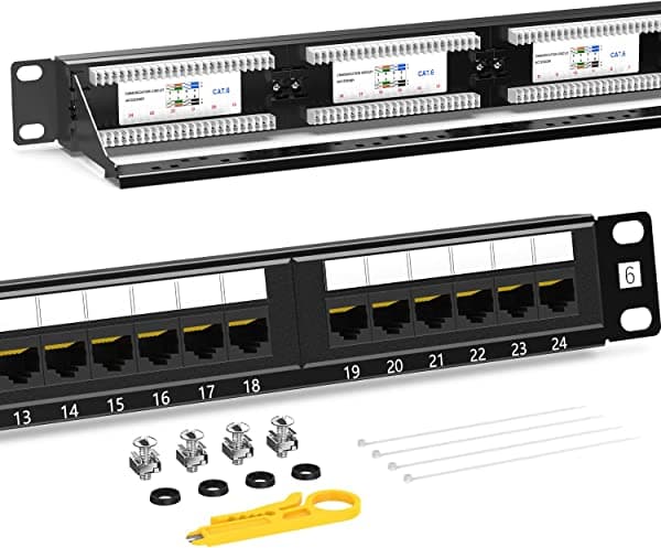 AMPCOM Panel de conexión de 24 puertos CAT6, montaje en rack de 1U, 19 pulgadas, RJ45 Ethernet 568A 568B, chapado en oro 30u, con barra de soporte de cable trasero