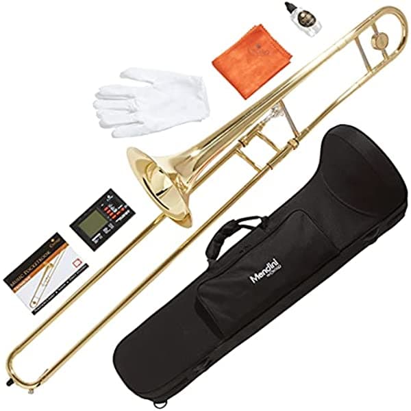 Mendini by Cecilio Trombone Kit - Instrumentos de Latón Bb Tenor para Niños y Principiantes con Estuche y Guantes MTB-L+92D+PB
