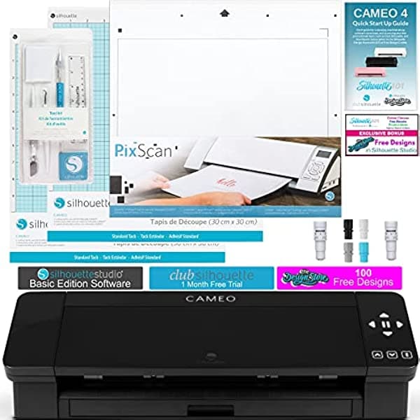 Silhouette Cameo 4 Paquete de Extras con Cuchilla Automática Adicional, Kit de Herramientas, Tapete de Corte y PixScan. Manual Silhouette, 10 Diseños Adicionales - Edición Negra