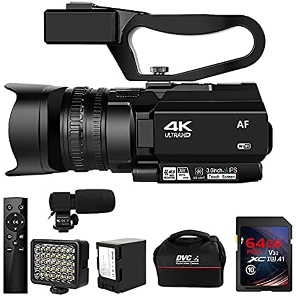 SEREE Cámara de Video 4K HD con Enfoque Automático, Videocámara 48MP 60FPS, Zoom Digital 18X para YouTube con Función LED, Batería de 4500mAh con Estabilizador de Mano, Control Remoto, Micrófono y Tarjeta SD de 64G