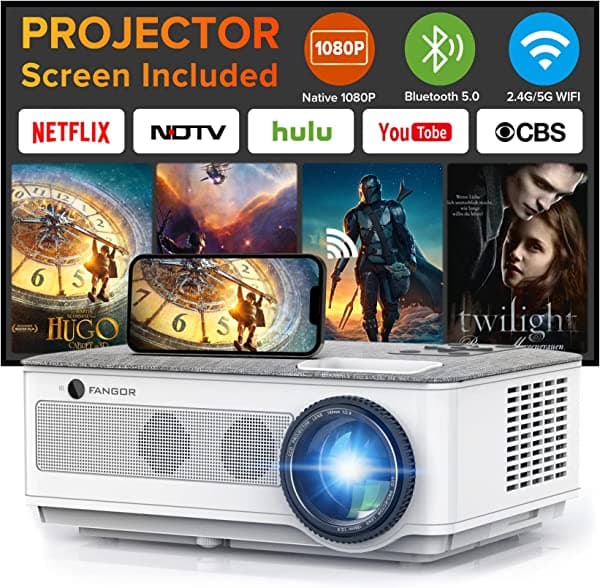 FANGOR Proyector 5G WiFi Bluetooth 1080P Nativo, 16000L 450ANSI Proyectores para Exteriores [Pantalla de Proyección Incluida], Soporte de 300" Display 4K, Proyector de Cine en Casa Compatible con iOS/Android/XBox/PS4/TV Stick ‎F405
