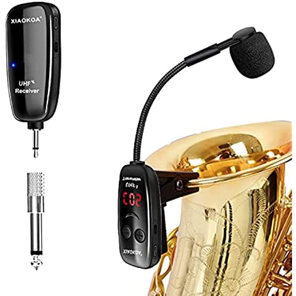 XIAOKOA UHF Micrófono Inalámbrico para Instrumentos, Micrófono para Saxofón, Receptor y Transmisor Inalámbrico, Alcance de 160 Pies, Conexión Automática, Ideal para Trompetas, Clarinete, Violonchelo