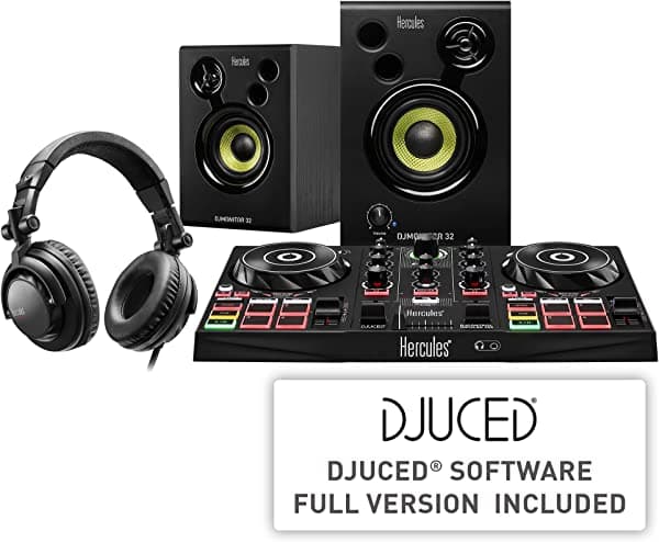 Hercules DJ Learning Kit con Controlador DJ Inpulse 200, Altavoces Monitores de 15 Vatios y Auriculares Aislantes de Sonido - 2 Platos 4780900