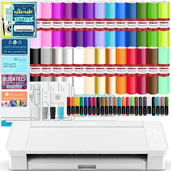 Silhouette White Cameo 4 Starter Bundle con 26 hojas de vinilo Oracal, papel de transferencia, clase, guías y 24 bolígrafos de boceto