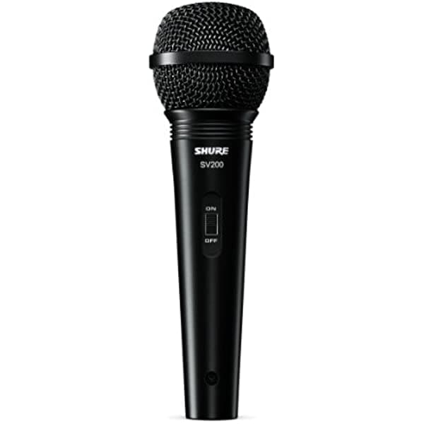 Shure SV200-W Micrófono vocal dinámico cardioide multiusos con rejilla de bola resistente a abolladuras, interruptor de encendido/apagado y cable XLR de 15 pies a 1/4 pulgadas
