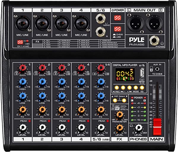 Pyle PMX466 - Mezclador de Sonido para DJ Profesional Bluetooth - Controlador DJ de 6 Canales con Mezclador de Sonido con DSP con 16 Efectos Preestablecidos, Interfaz USB, 4 Entradas XLR de Micrófono/Línea, AUX, Procesador de Efectos FX, Reproductor de MP3, Jack para Auriculares