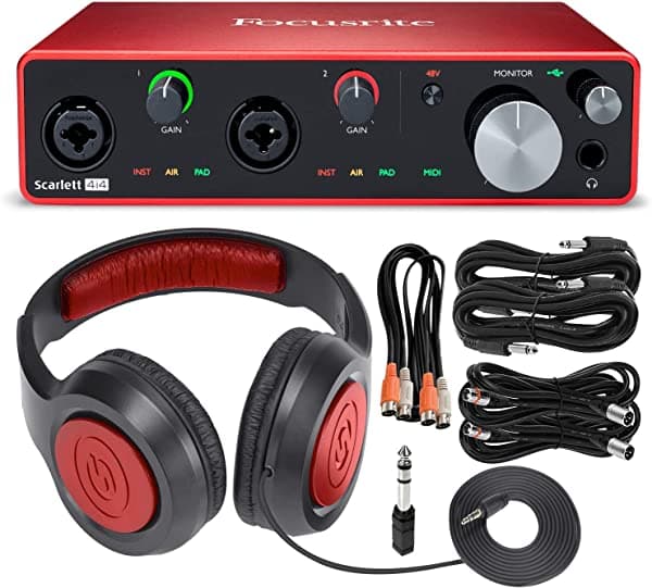 Focusrite Scarlett 4i4 - Interfaz de audio USB de 4 entradas y 4 salidas (3ª generación) + auriculares dinámicos over-ear Xpix SR360