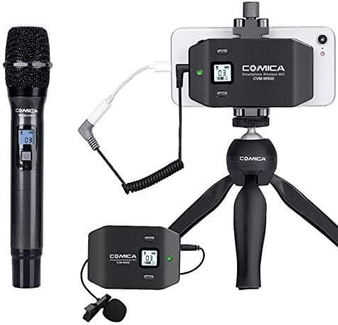 Comica CVM-WS50(C) Sistema de Micrófono Inalámbrico Lavalier para Teléfonos Inteligentes con Micrófono Inalámbrico de Mano WS50HTX, UHF 6 Canales, Micrófono para iPhone Samsung Huawei y Más