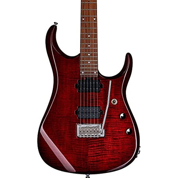 Sterling JP150FM Flame Maple Top guitarra eléctrica, rojo real con funda acolchada JP150FM-RRD