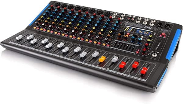 Pyle PMXU128BT - Mezcladora de Audio para Estudio con 12 Canales Bluetooth, Interfaz de Controlador de Sonido DJ con Entrada USB para Grabación en PC, Entrada RCA, Jack de Micrófono XLR, Alimentación de 48V, Para Profesionales y Principiantes, Color Negro
