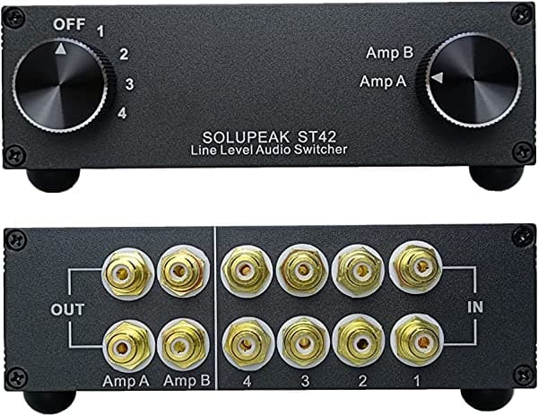 SOLUPEAK ST42 Interruptor de audio RCA de 4 vías Fuente de señal de entrada selector de interruptor de entrada Caja divisoria (4 en 2 salidas)