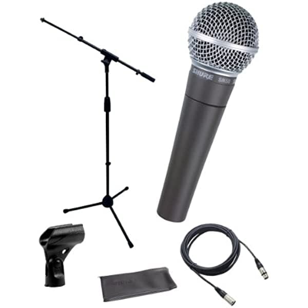 Shure SM58-LC - Paquete de micrófono vocal dinámico cardioide con adaptador de soporte y bolsa con cremallera