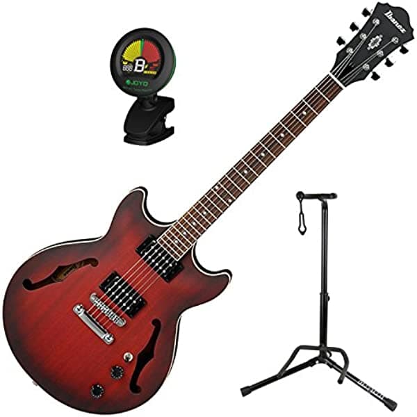 Ibanez AM53 Guitarra Eléctrica Semi-Hollow (Sunset Red Flat) con soporte y afinador AM53SRF BUNDLE