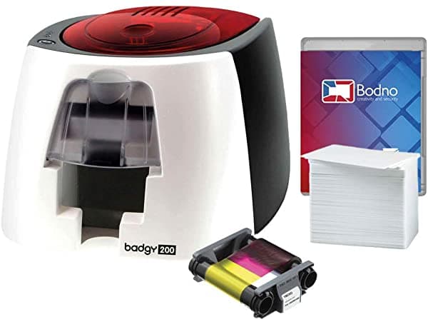 Bodno Badgy200 Impresora de Tarjetas de Identificación de Plástico a Color con Paquete Completo de Suministros y Software para Identificaciones - Edición Plateada