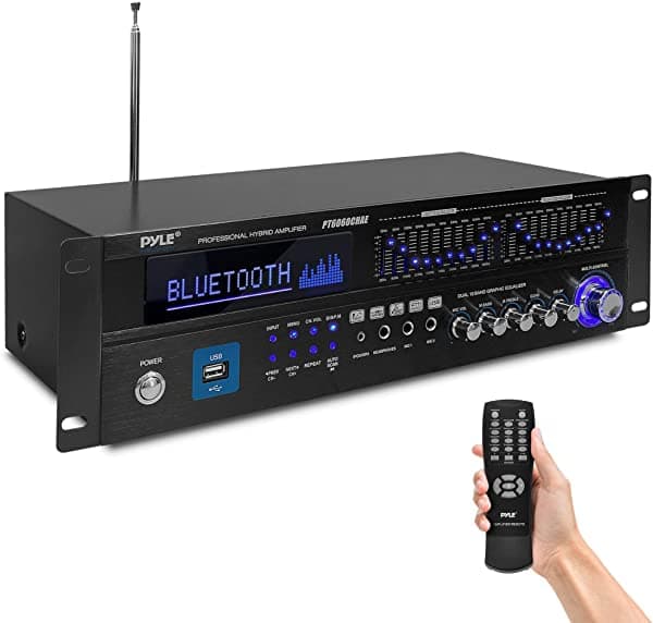 Pyle PT6060CHAE Amplificador Híbrido Bluetooth de 6 Canales para el Hogar - Receptor de Amplificador de Potencia Estéreo de 2000W para Montaje en Rack con Radio, Entradas USB/AUX/RCA/MIC, HD/Óptico/Coaxial, AC-3, DVD, Doble Ecualizador de 10 Bandas