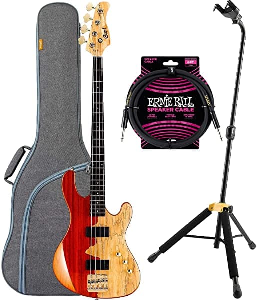Clutch Cort Jeff Berlin Rithimic Bajo Eléctrico - Arce Spalted natural, con funda CAHAYA, cable ErnieBall y soporte Hercules GS414B Bundle Rithimic Bass Guitar