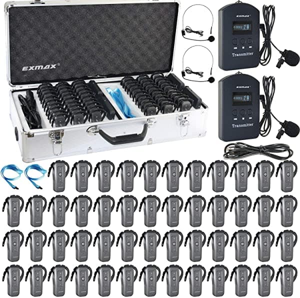 EXMAX EXD-6688 2.4GHz Sistemas de guía de audio inalámbrico con largo alcance de transmisión para entrenamiento de comandos, conferencias y turismo industrial (2 transmisores y 50 receptores con estuche de carga de 64 ranuras)