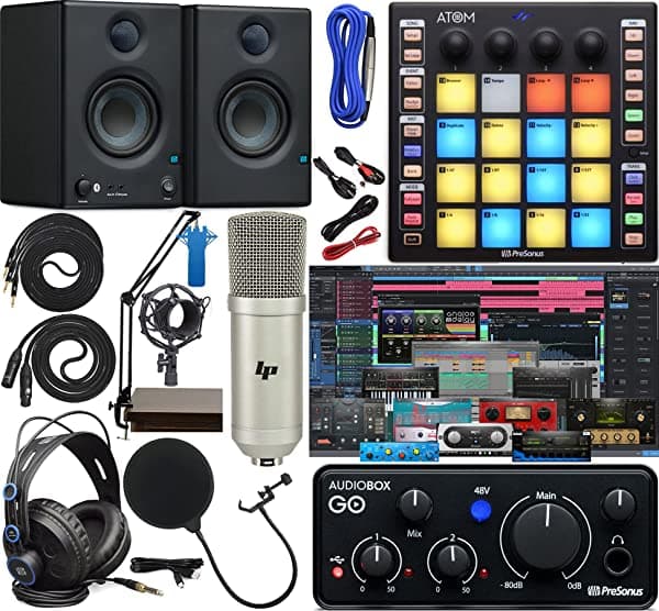 Presonus AudioBox GO Mobile 2x2 interfaz de audio USB completo kit de estudio + kit de software, ATOM MIDI / controlador de almohadilla de producción, monitores Eris E4.5 BT y brazo de suspensión ajustable + auriculares HD7 AudioBox GO + Microphone Kit + E4.5 BT