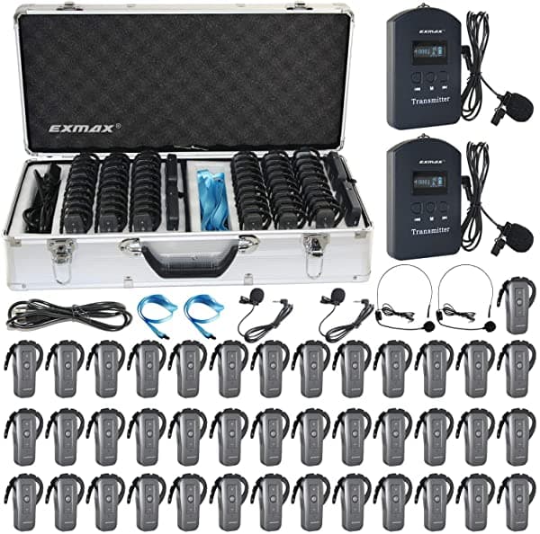 EXMAX EXD-6688 2.4GHZ Equipo de Traducción Inalámbrica de la Iglesia Soporte de Dos Transmisores de Trabajo Simultáneamente para el Entrenamiento de Reuniones Multilingües (2 Transmisores y 40 Receptores con 64 ranuras de Carga Case)
