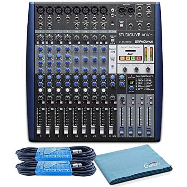 Presonus Studiolive AR12c - Mezclador híbrido analógico y digital de 14 canales con 2 cables XLR de 15 pies y paño de pulido Genesis Tech