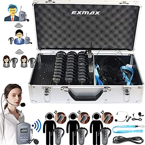 EXMAX EX-200E - Sistema de audioguía inalámbrico UHF para interpretación simultánea, traducción en iglesias e interpretación (2 transmisores, 30 receptores y estuche de carga de 32 ranuras)