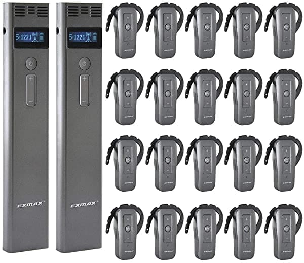 EXMAX EXD-6688 - Sistema de guía de viaje inalámbrico de 2,4 GHz para equipos de interpretación simultánea, dos transmisores funcionan simultáneamente para reuniones internacionales de exposición(2 transmisores y 20 receptores)