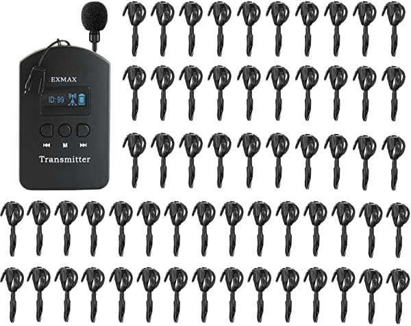 EXMAX EX-624 ISM 2.4GHz-2.4835GHz - Sistema de audioguía inalámbrico, transmisor con micrófono de auricular y receptor mini de oreja para iglesia, aulas, seminarios, entrenamiento, viajes y exposiciones