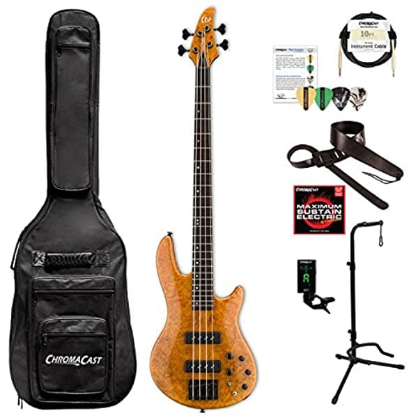 ESP LH1004SEBMHN-KIT-1 H Series H-1004SE - Bajo eléctrico de 4 cuerdas con tapa de arce burl macizo, miel natural
