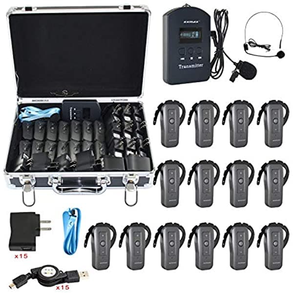 EXMAX EXD-6688 - Equipo de traducción inalámbrica simultánea de 2,4 GHz compatible con 2 transmisores que funcionan simultáneamente para galerías ruidosas de la fábrica (1 transmisor 14 receptores con caja de almacenamiento negra)