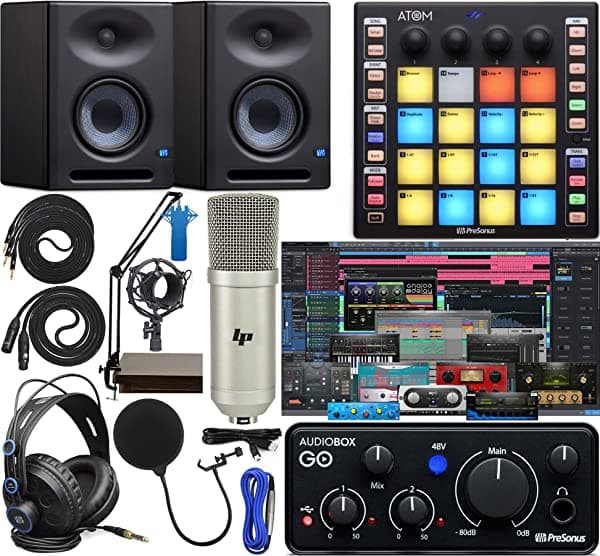 Presonus AudioBox GO Mobile 2x2 USB Audio Interface Kit completo de estudio + kit de software, ATOM MIDI / controlador de almohadilla de producción, monitores Eris E5 XT y brazo de suspensión ajustable + auriculares HD7 AudioBox GO + Mic Kit + E7 XT Pair
