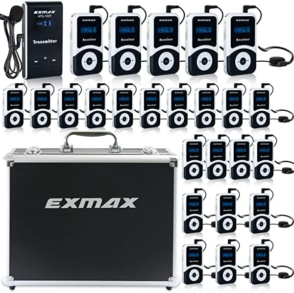 EXMAX ATG-100T 72MHz-76MHz Sistema de audioguía / sistema de monitoreo inalámbrico con estuche de transporte (sin función de carga), para enseñanza, conferencias y guías ATG-100T72MHz1T25RwithBlackCaseUS-YYN