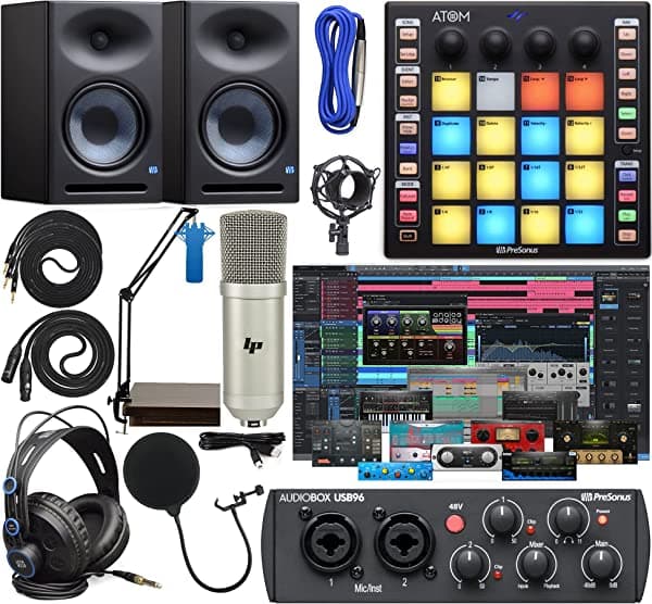 PreSonus AudioBox 96 Interfaz de audio completo con paquete de software, ATOM MIDI/controlador de almohadilla de producción, monitores Eris E7 XT y brazo de suspensión ajustable + auriculares HD7 Audiobox 96 + E7 XT + Atom + Arm Kit