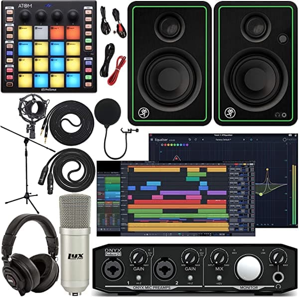 Mackie Onyx Producer 2-2 Interfaz de audio/Midi con Pro Tools First Music Software, ATOM Midi Production Pad Controller, CR5-X BT Pair Bluetooth Monitores, Micrófono condensador, Auriculares, Soporte para micrófono