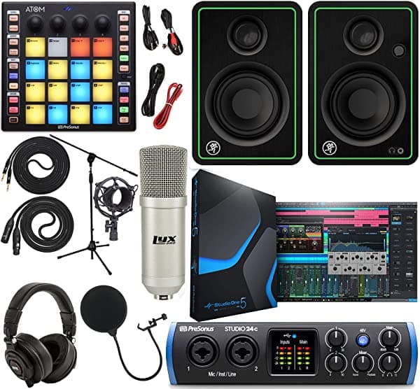 PreSonus Studio 24c 2x2 USB Type-C Audio/interfaz MIDI con ATOM MIDI/controlador de almohadilla de producción y Mackie CR3-X BT 3 pulgadas Creative Reference Multimedia Monitores Bluetooth, micrófono de estudio