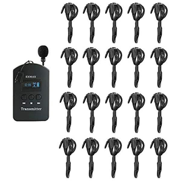 EXMAX EX-624 ISM 2.4GHz-2.4835GHz - Sistema de audioguía inalámbrico, transmisor con micrófono de auricular y receptor mini de oreja para iglesia, aulas, seminarios, entrenamiento, viajes y exposiciones