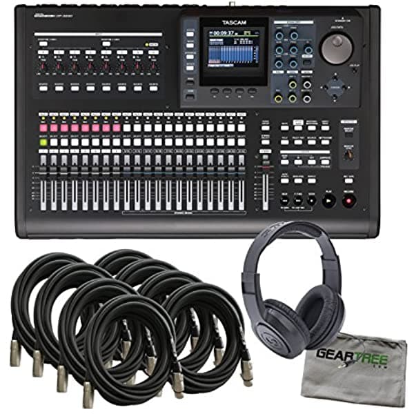 Tascam DP-32SD - Portastudio digital de 32 pistas, con gamuza Geartree, auriculares y 8 cables
