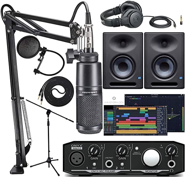 Audio Technica AT2020PK Micrófono de estudio con ATH-M20x, Boom - Cable XLR Streaming/Podcasting Pack y Onyx Artist 1-2 Interfaz de audio con Eris E5 XT Par de monitores de estudio de 2 vías