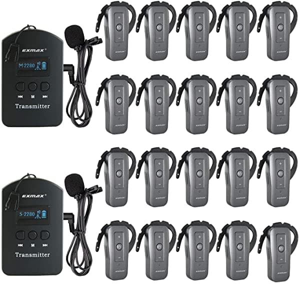 EXMAX EXD-6688 - Equipo de traducción simultánea inalámbrica profesional de 2,4 GHz compatible con dos transmisores funcionan simultáneamente para presentaciones de conferencias internacionales (2 transmisores y 20 receptores)