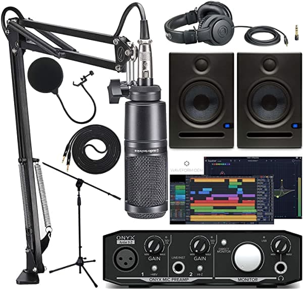 Audio Technica AT2020PK Micrófono de estudio con ATH-M20x, Boom - Cable XLR Streaming/Podcasting Pack y Onyx Artist 1-2 Interfaz de audio con monitores de estudio Eris E5 pares
