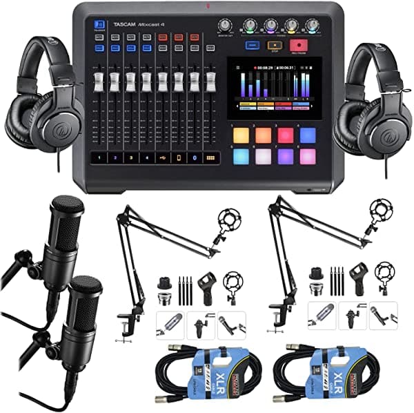 Clutch TASCAM Mixcast 4 Podcast Workstation, (2) AT2020 Mic, (2) Mic Boom Arm, (2) ATH-M20X, (2) XLR Cables Bundle