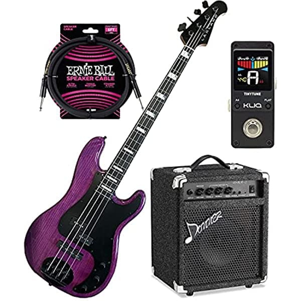 Clutch Lakland Skyline 44-64 GZ - Bajo eléctrico translúcido, amplificador de bajo de 25 W, kit con cable EBall y afinador KLIQ TinyTune