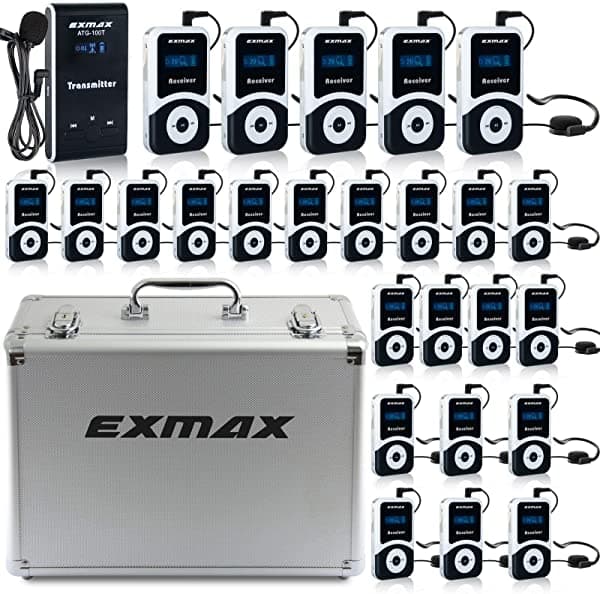 EXMAX ATG-100T 72MHz-76MHz Sistema de audioguía / sistema de monitoreo inalámbrico con estuche de transporte (sin función de carga), para enseñanza, conferencias y guías ATG-100T72MHz1T25RwithSilverCaseUS-YYN