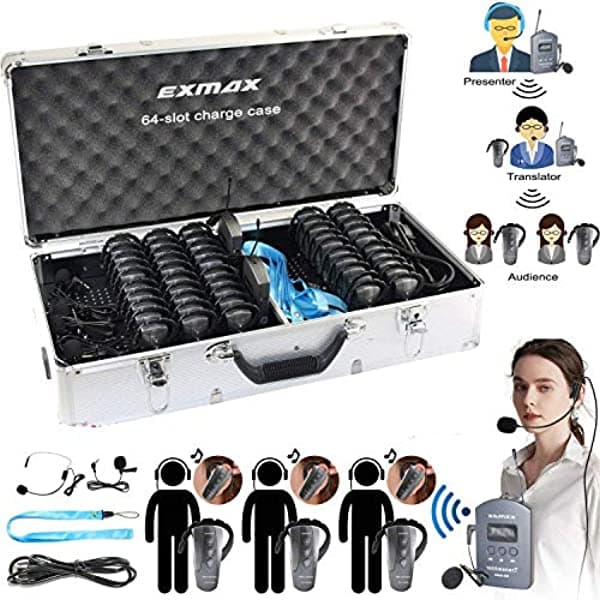 EXMAX EX-200E UHF Voice Acoustic Transmission Simultaneous Interpretation System para Social Distancing Church Translate Silent Commentary Conference (2 Transmitters 50 Receivers 64-slot Charge Case)