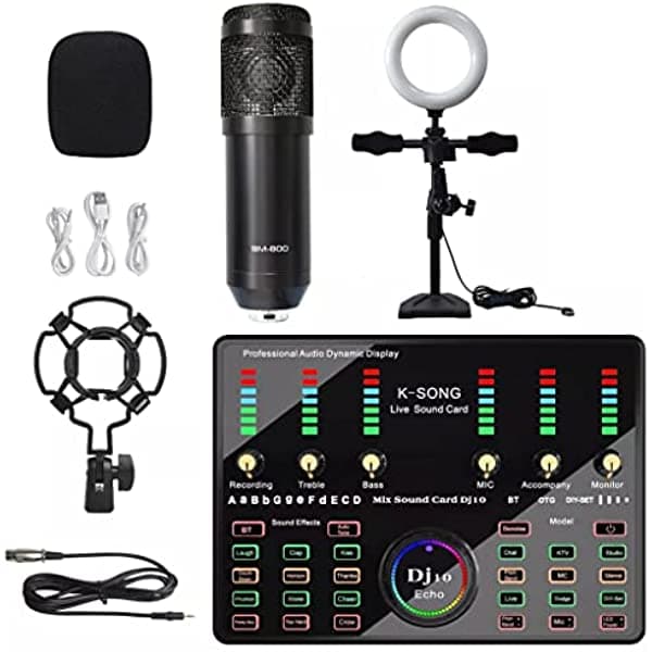 CHNOOI Micrófono BM 800 Micrófono condensador profesional con luz de relleno de anillo, kit de transmisión en vivo, micrófono de juego cantante (color: negro DJ10 LED, tamaño: BM 800) chnooi-177